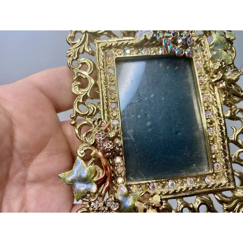 Kirks Folly Signed Picture‎ Frame Rhinestone Grapes Cherub Bird Easel Back